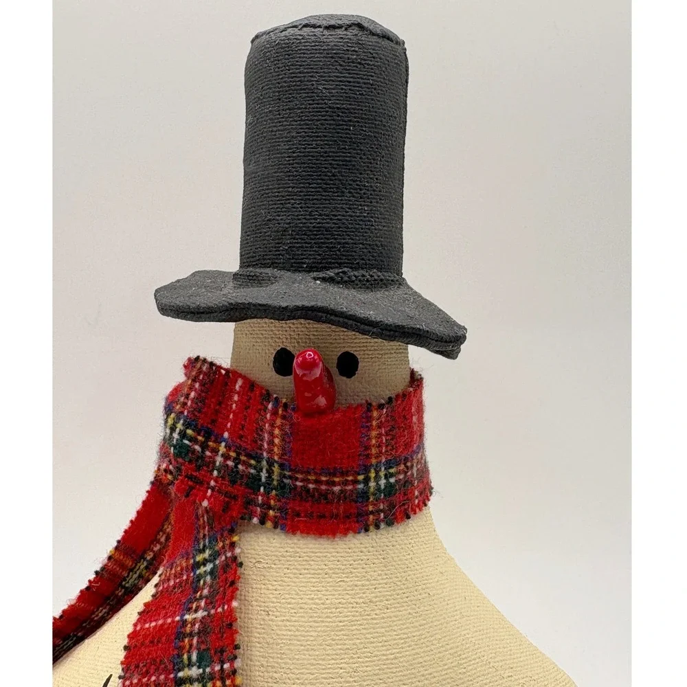 Vintage Handmade Primitive Snowman Red Plaid Scarf Black Hat Folk Art Christmas